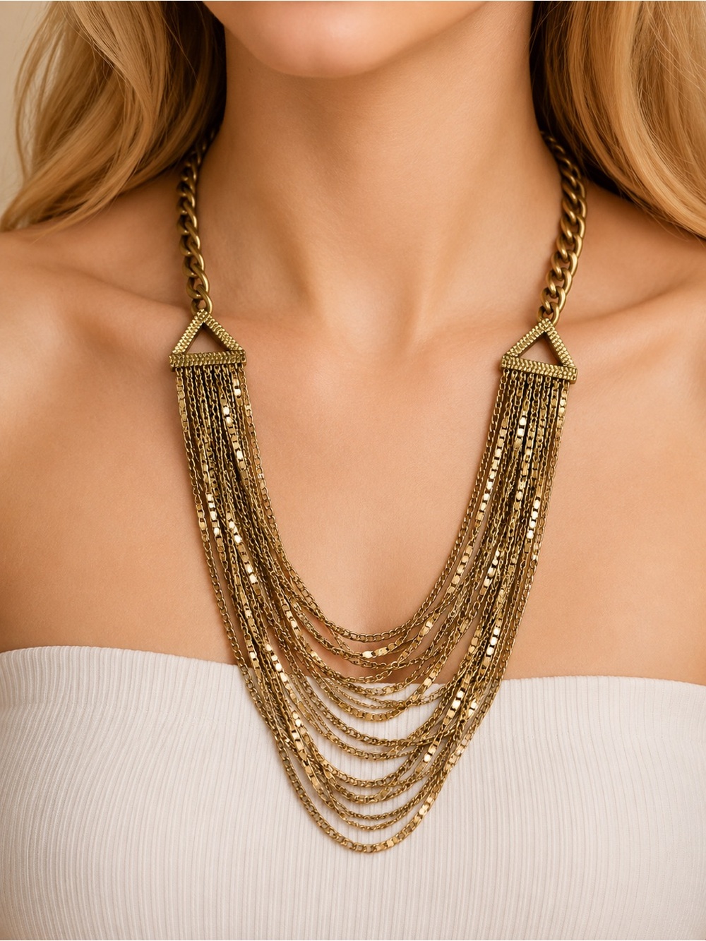 Antique Gold Multi Strand Chain Bib Statement Necklace Boho Fringe